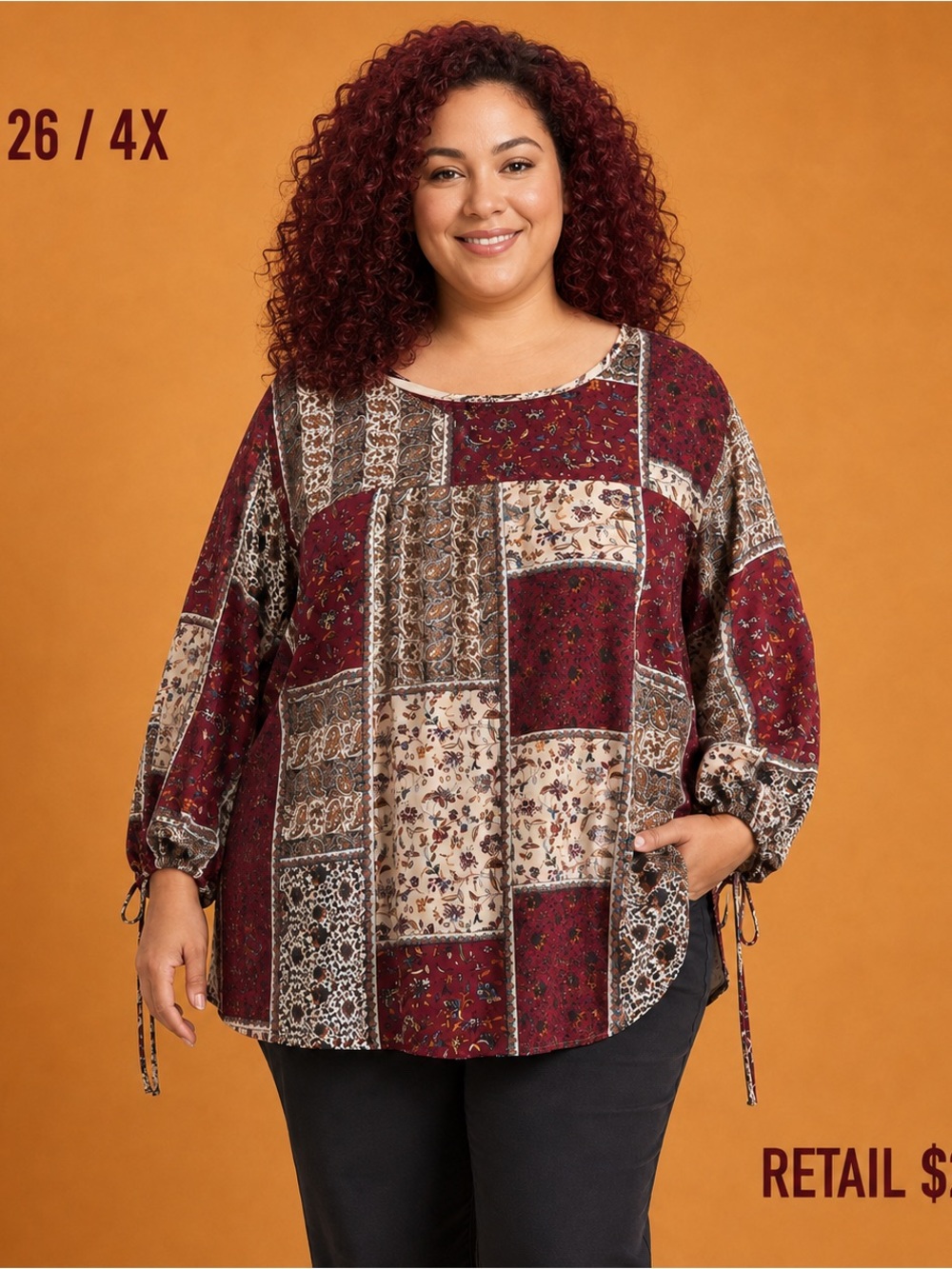 BloomChic Burgundy and Cream Patchwork Long-Sleeve Blouse